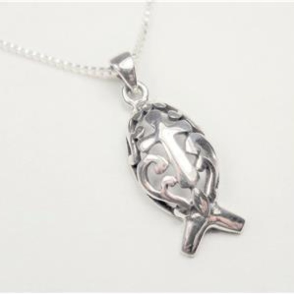 STERLING SILVER NAUTICAL FISH WITH CROSS NECKLACE - Picture 3 of 6